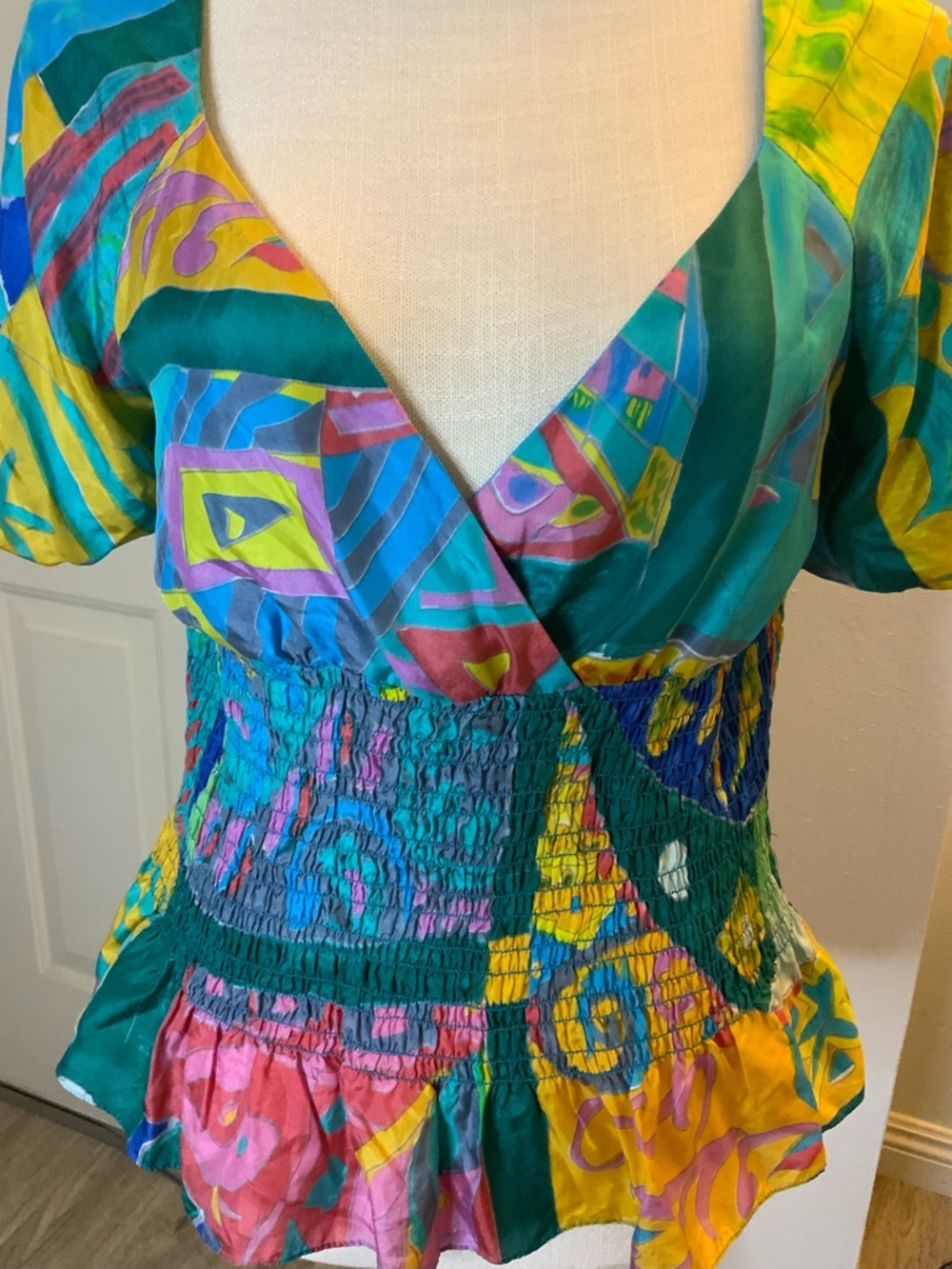 Ralph Lauren Multicolor V-Neck Smocked Peplum Blouse - Picture 4 of 5